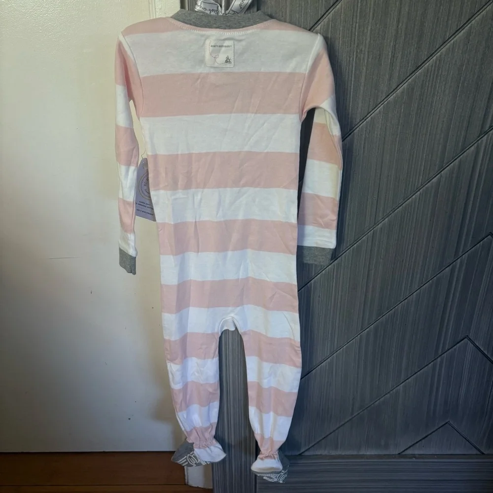 NWT Burt's Bees Baby 24 MLong-Sleeve Stripe Footed Onesie Pajama Pink and White